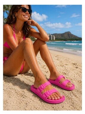 PrettyLittleThing Pink EVA Double Buckle Slide Sandals UK 4/US 6 Brand New